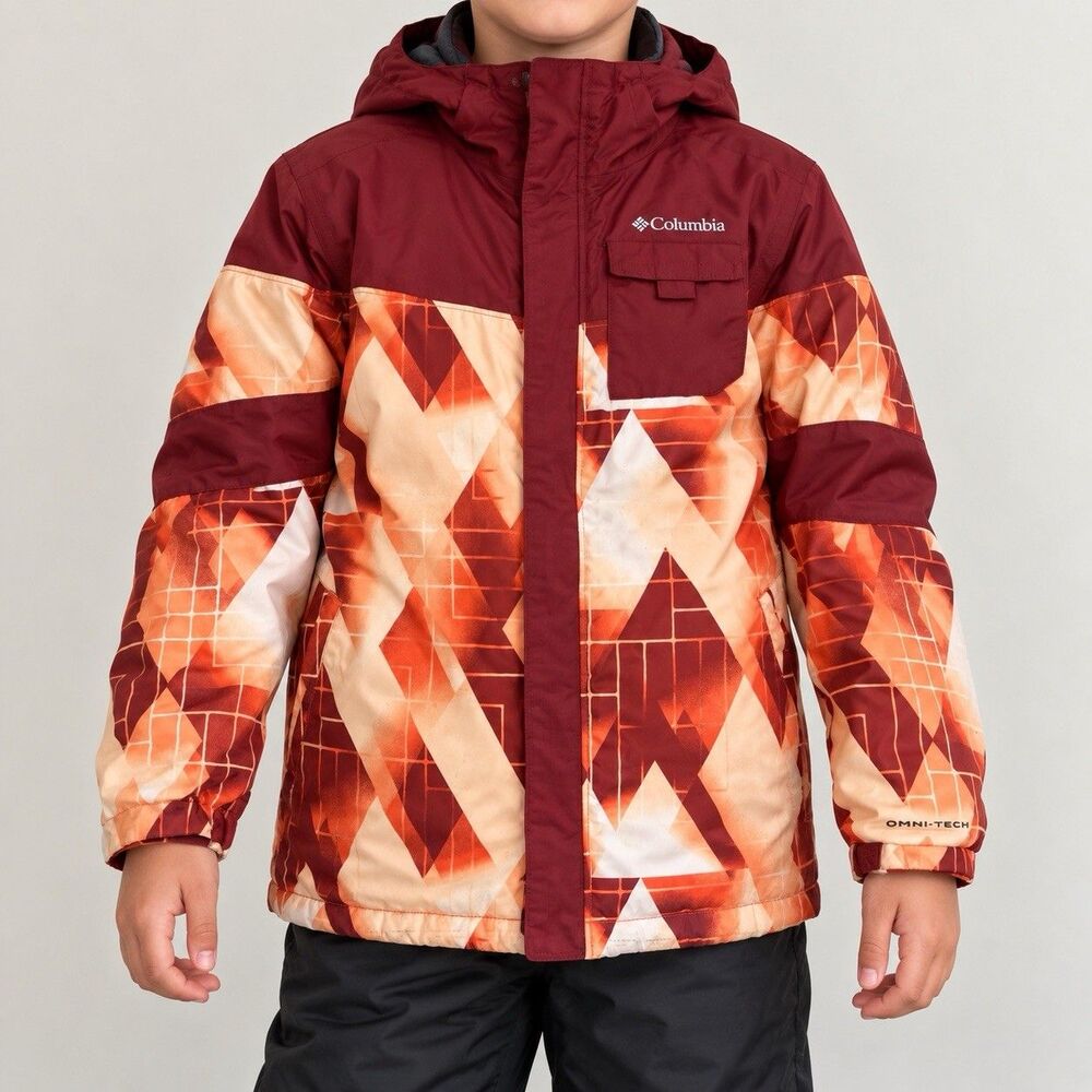 Columbia Youth (M) Mighty Mogul II Ski Jacket Orange Burgundy Omni-Heat Hooded